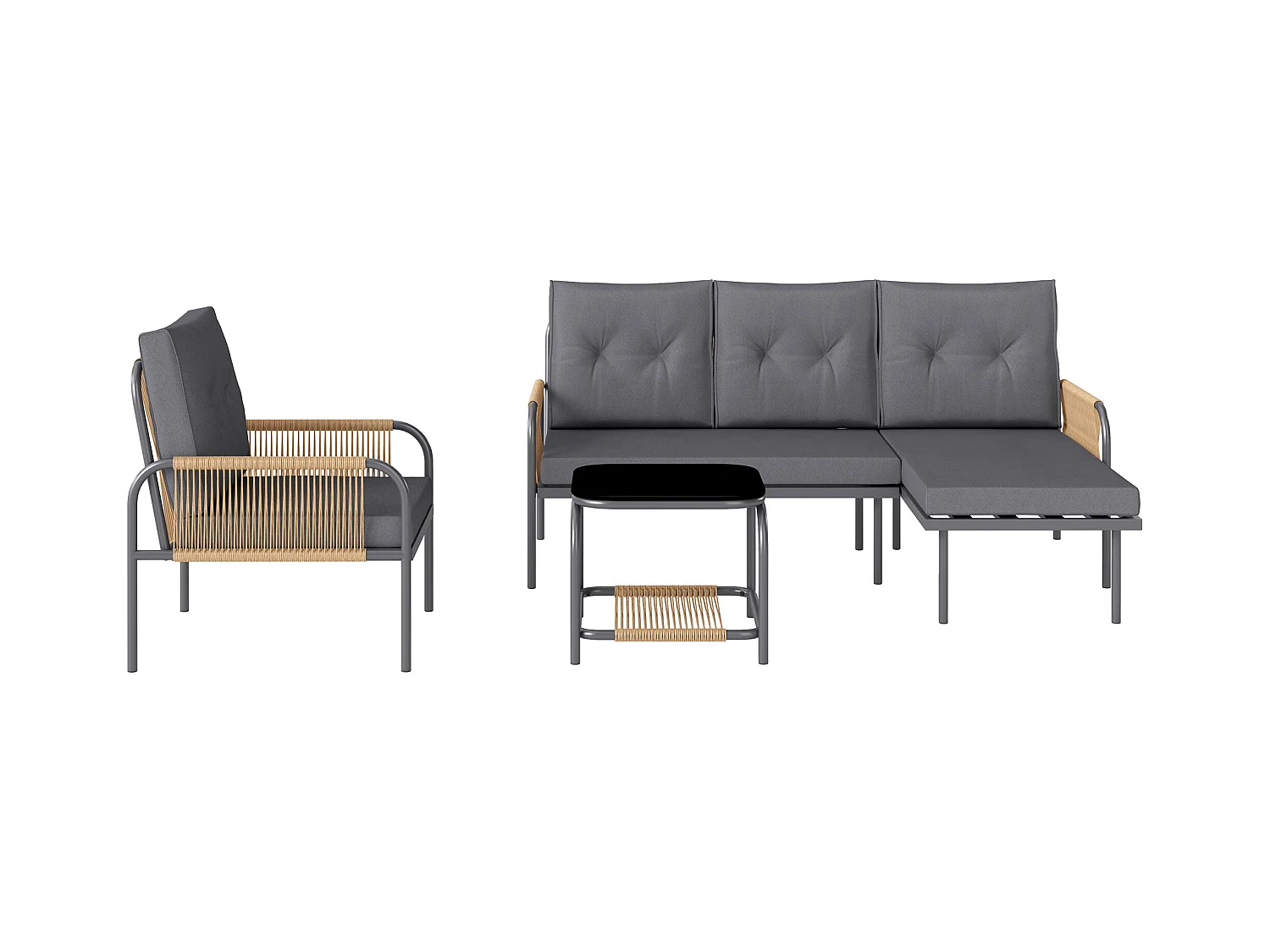 Salotto da esterno con divano poltrona e tavolino in rattan grigio