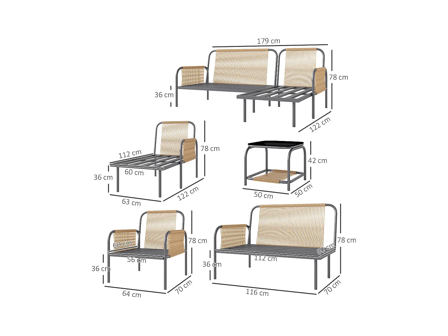 Salotto da esterno con divano poltrona e tavolino in rattan grigio
