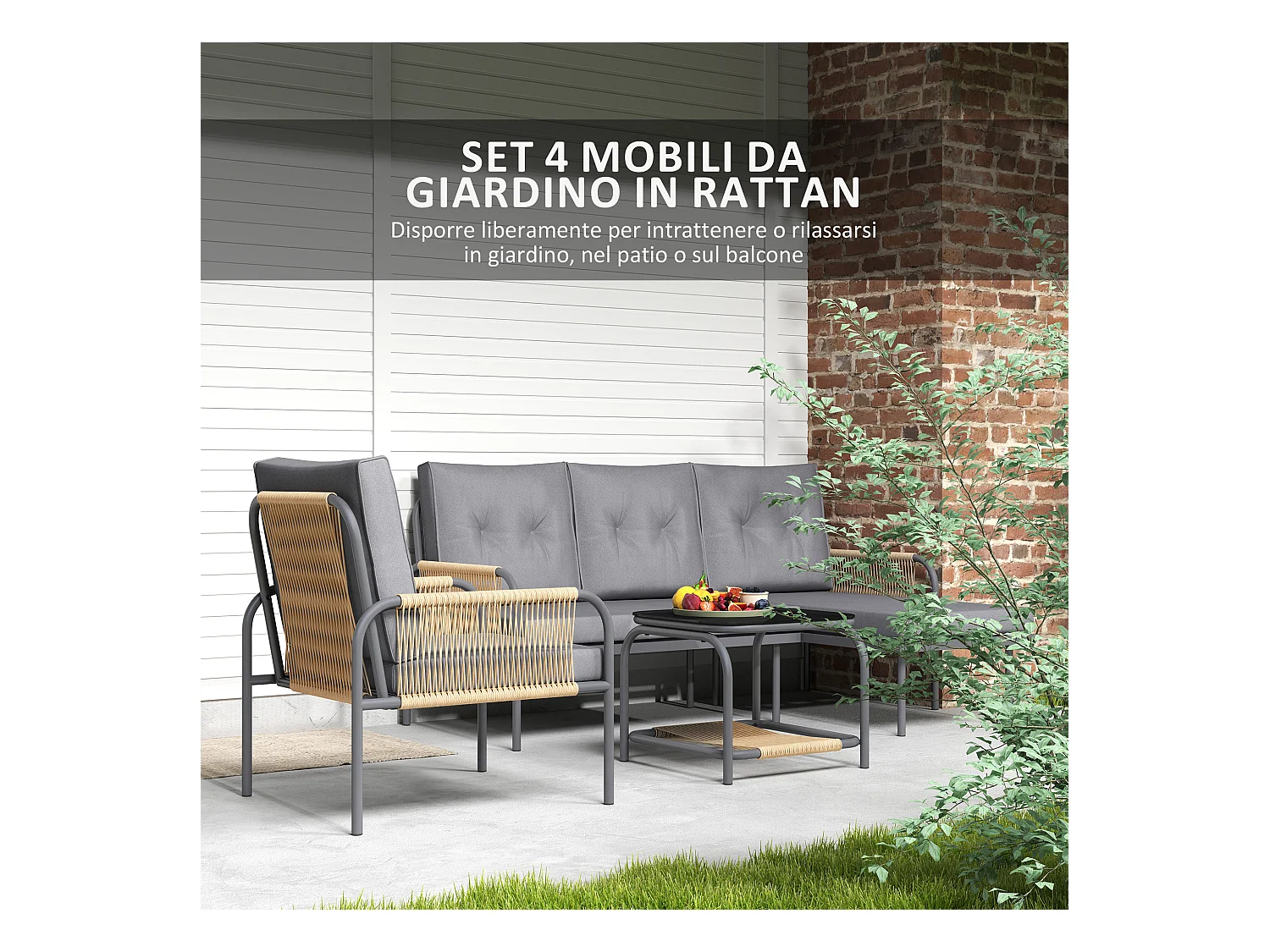 Salotto da esterno con divano poltrona e tavolino in rattan grigio