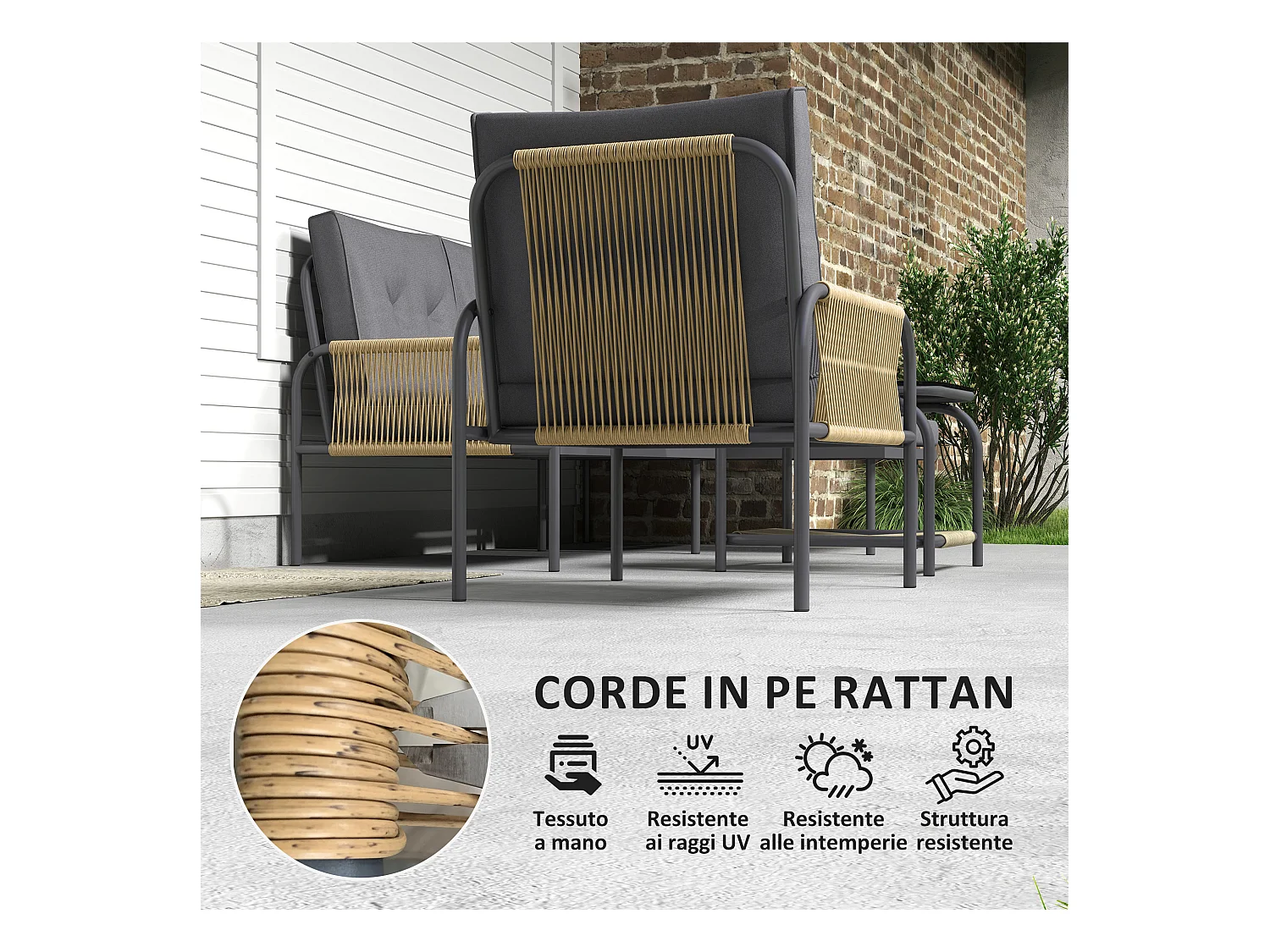 Salotto da esterno con divano poltrona e tavolino in rattan grigio