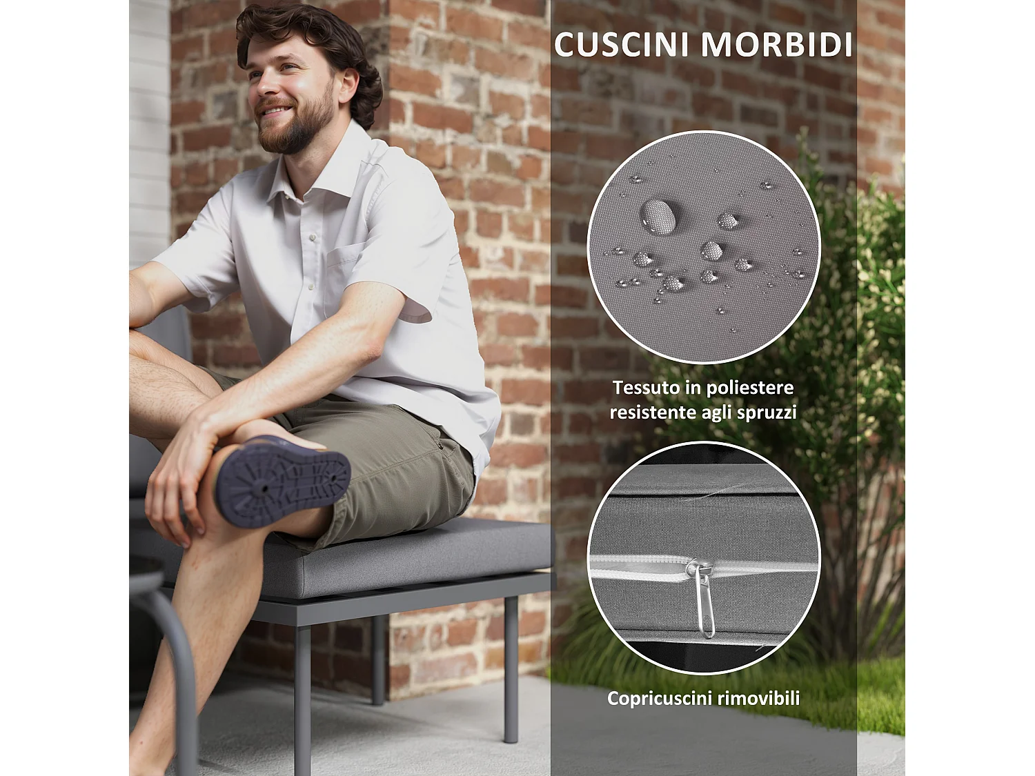 Salotto da esterno con divano poltrona e tavolino in rattan grigio