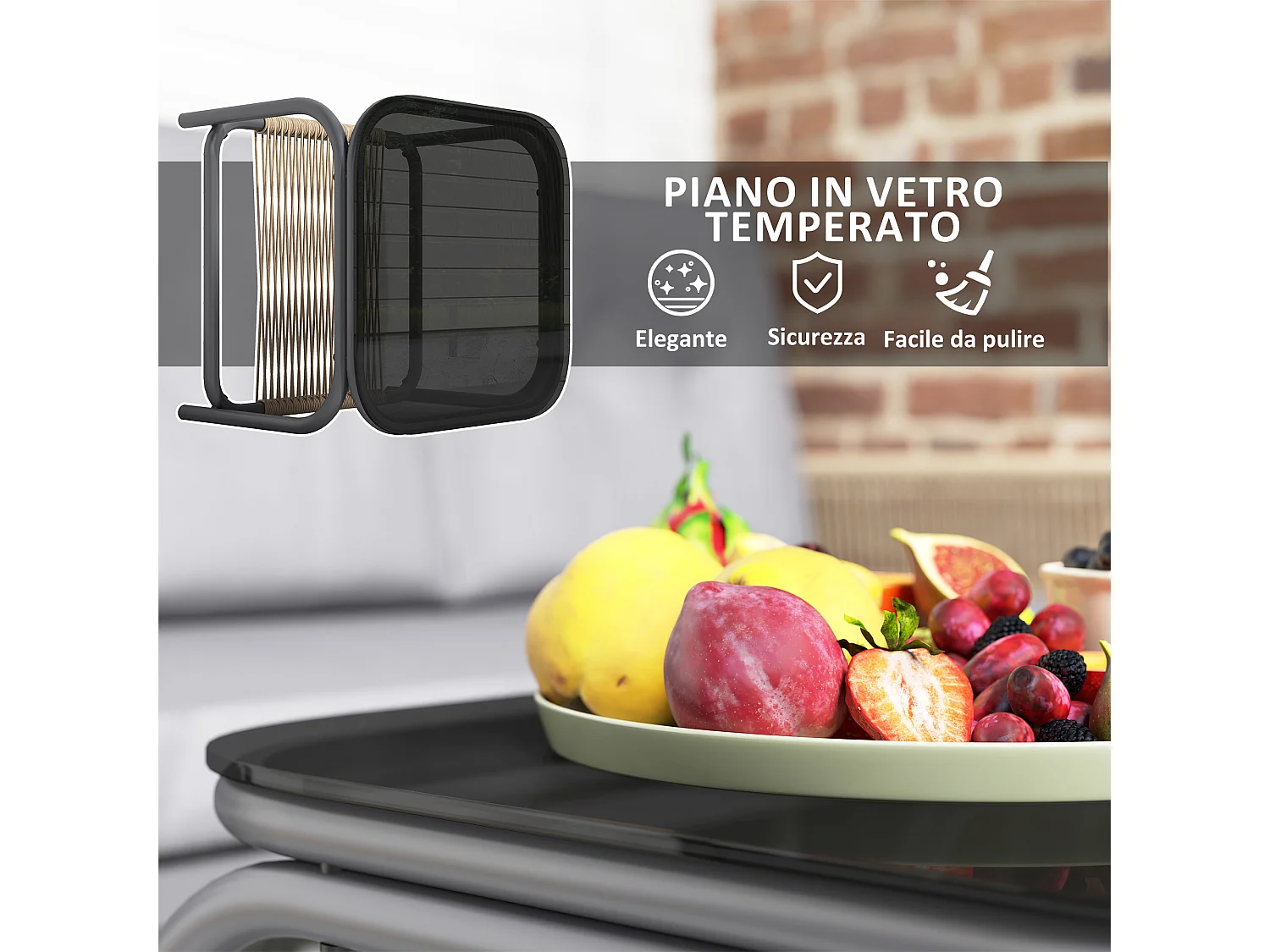 Salotto da esterno con divano poltrona e tavolino in rattan grigio