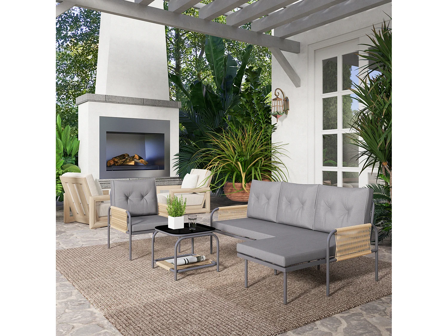 Salotto da esterno con divano poltrona e tavolino in rattan grigio