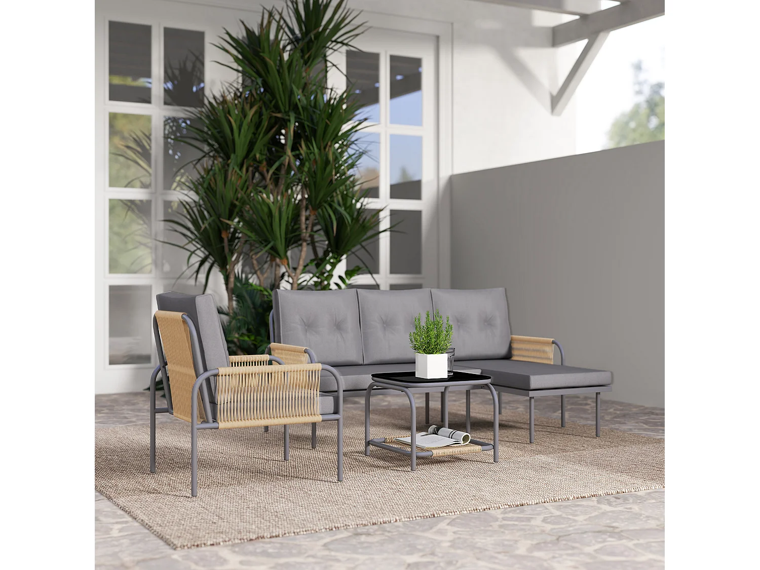 Salotto da esterno con divano poltrona e tavolino in rattan grigio