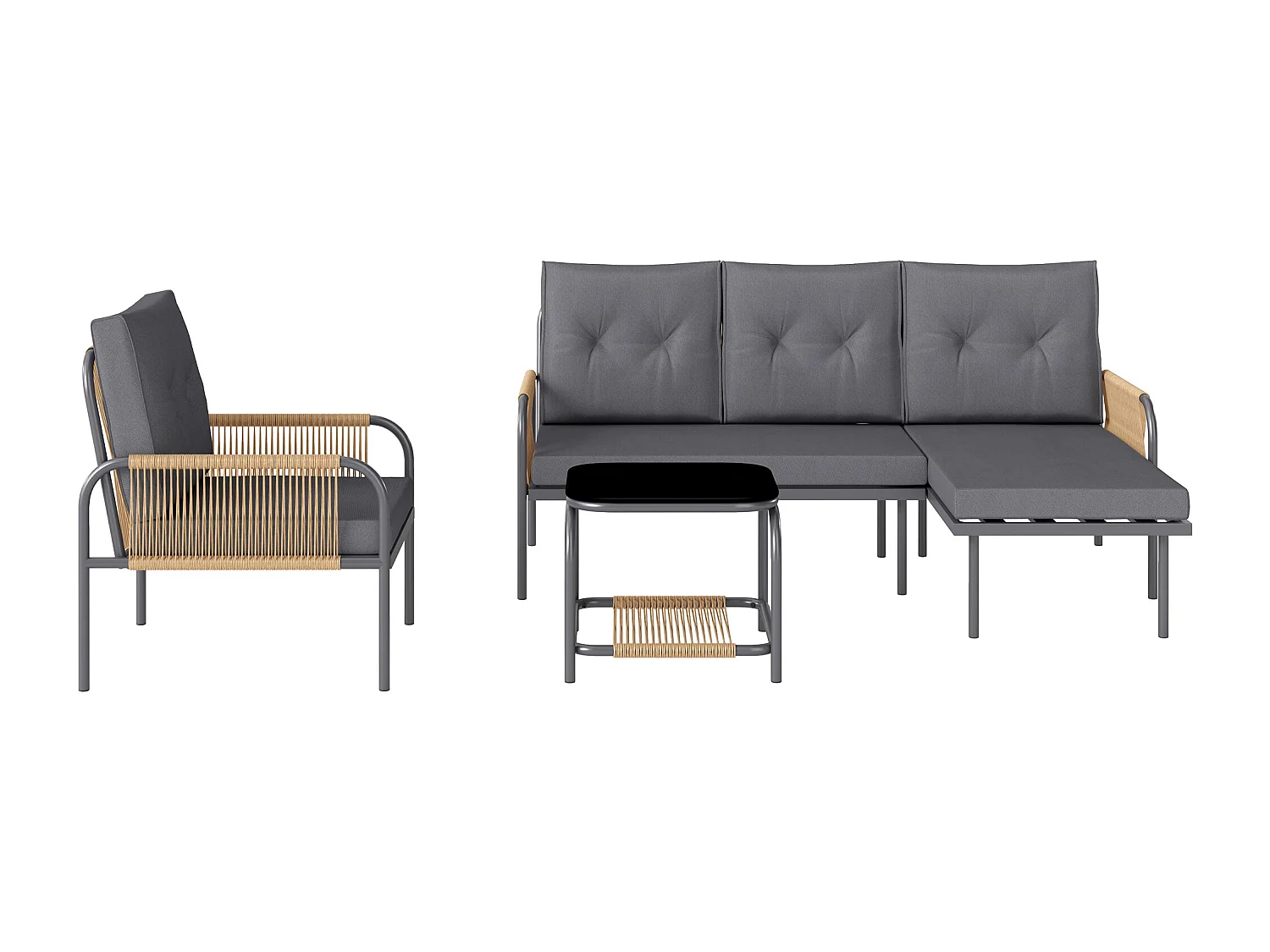 Salotto da esterno con divano poltrona e tavolino in rattan grigio