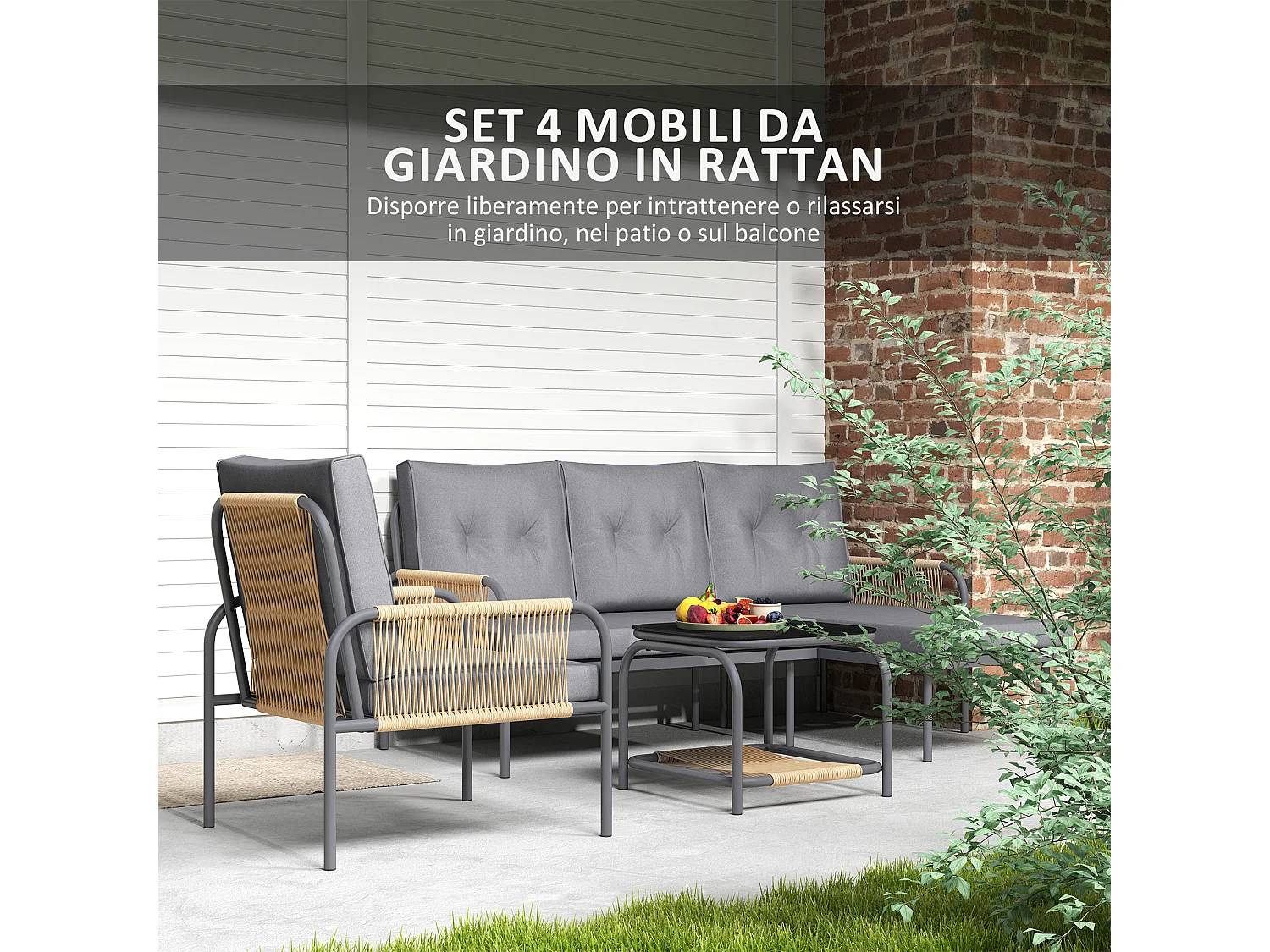 Salotto da esterno con divano poltrona e tavolino in rattan grigio