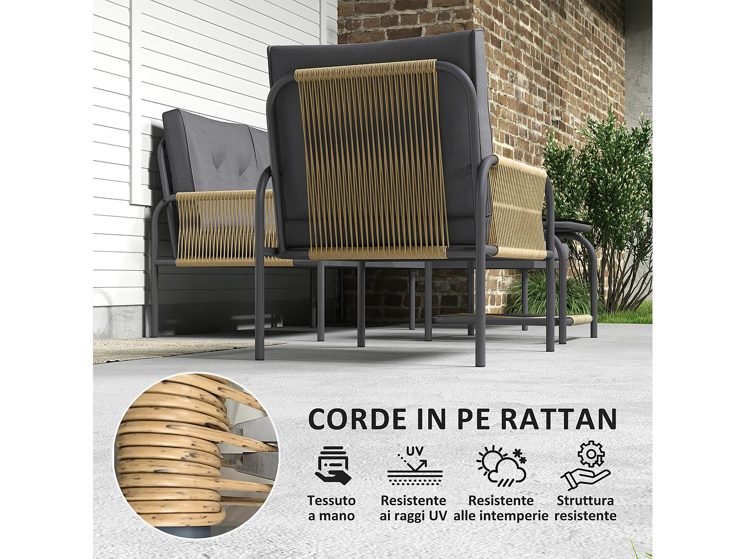 Salotto da esterno con divano poltrona e tavolino in rattan grigio