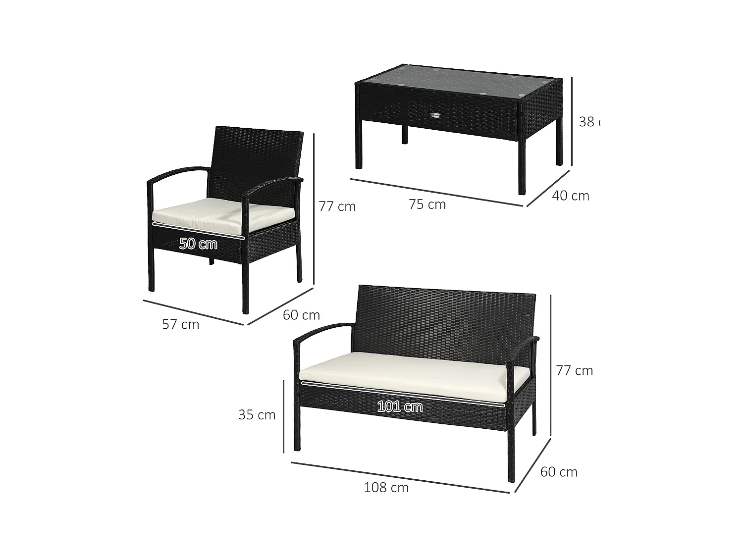 Set da giardino 4 pezzi in rattan pe con tavolino 2 poltrone e divano