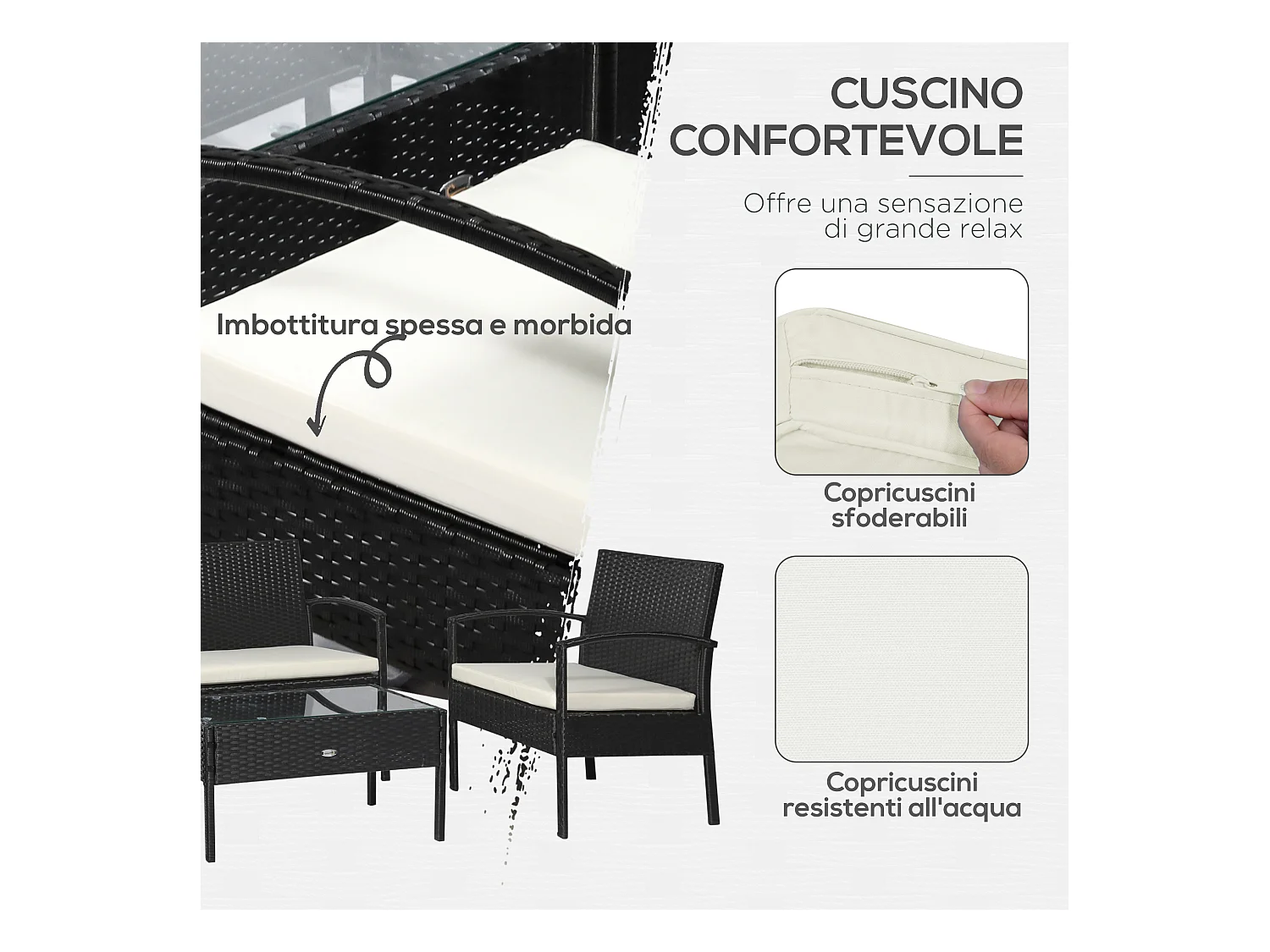 Set da giardino 4 pezzi in rattan pe con tavolino 2 poltrone e divano