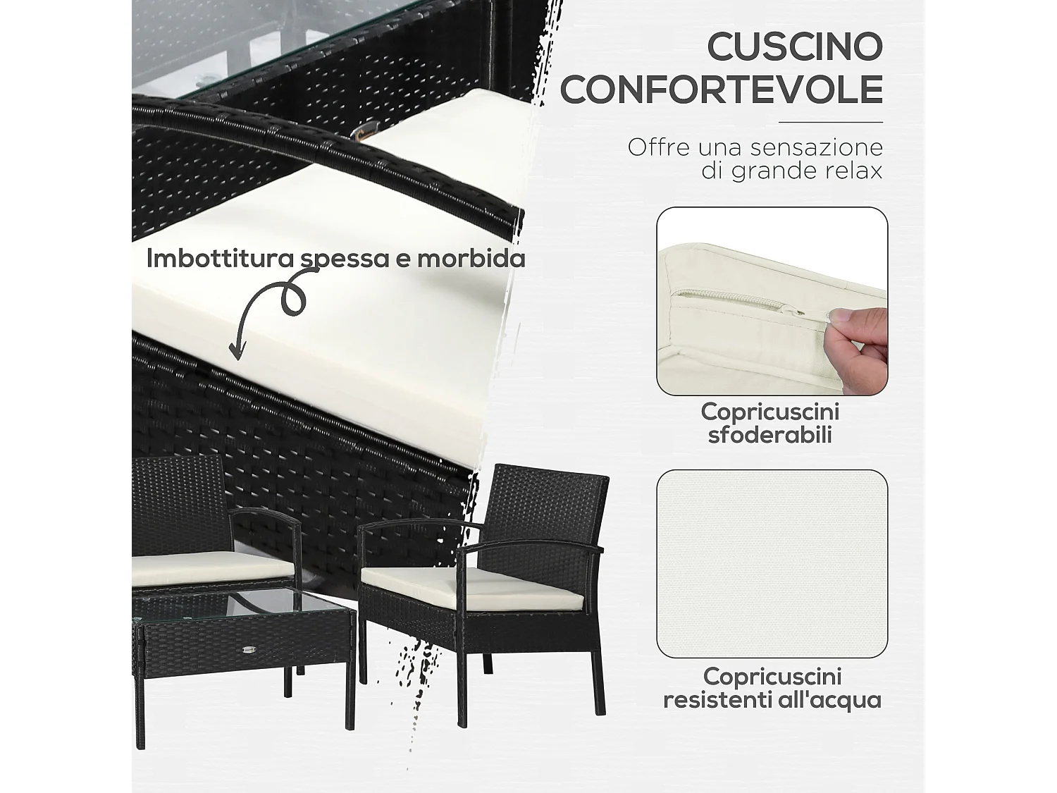 Set da giardino 4 pezzi in rattan pe con tavolino 2 poltrone e divano