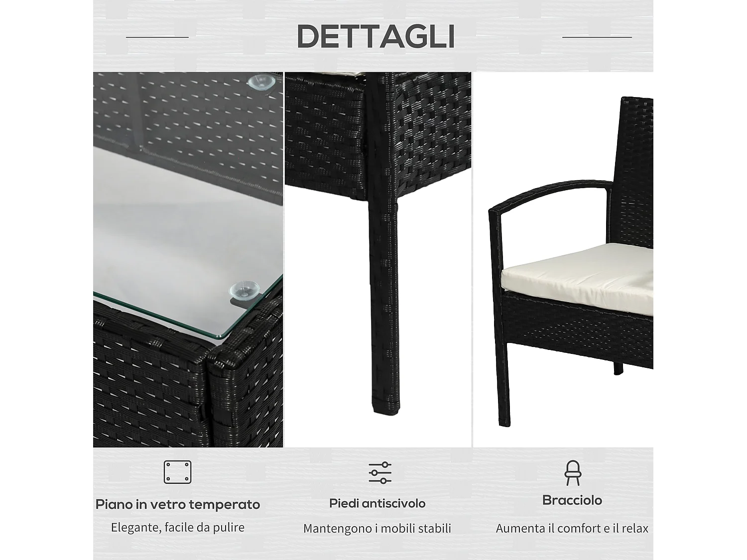 Set da giardino 4 pezzi in rattan pe con tavolino 2 poltrone e divano