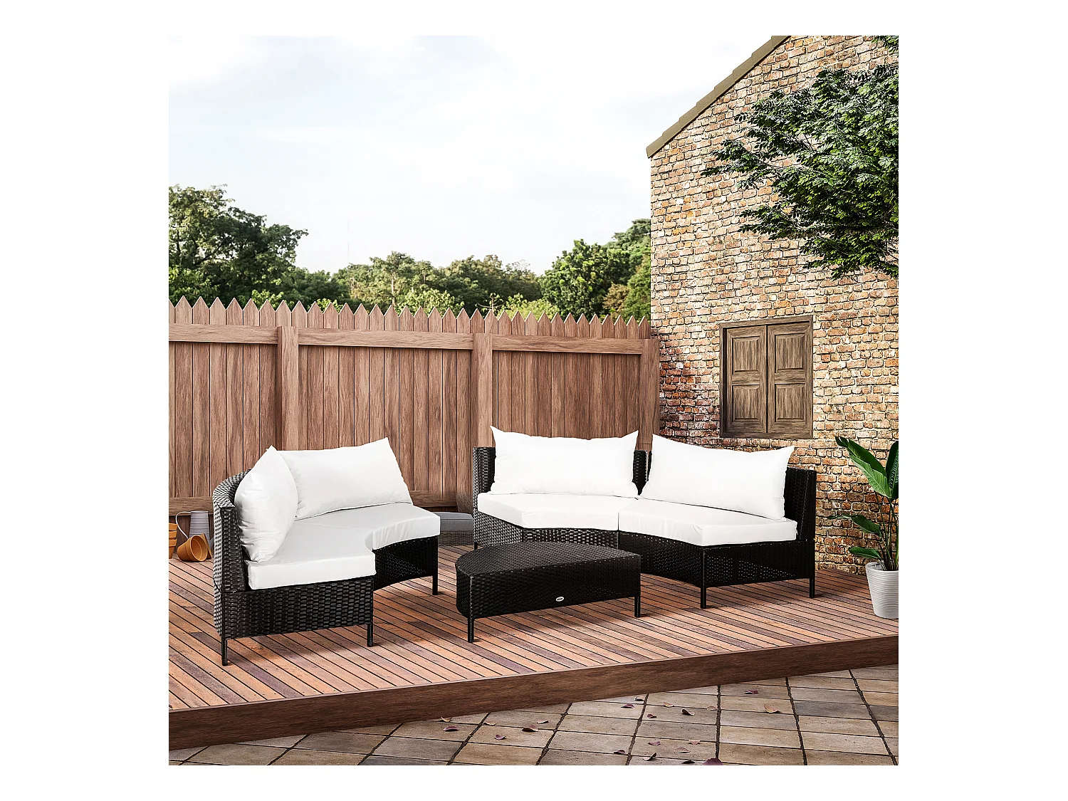 Mobili da esterno 5 pezzi con pouf salottino in rattan nero e bianco