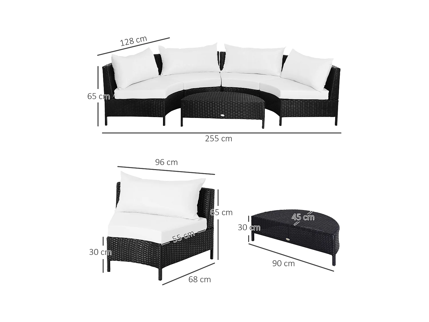 Mobili da esterno 5 pezzi con pouf salottino in rattan nero e bianco