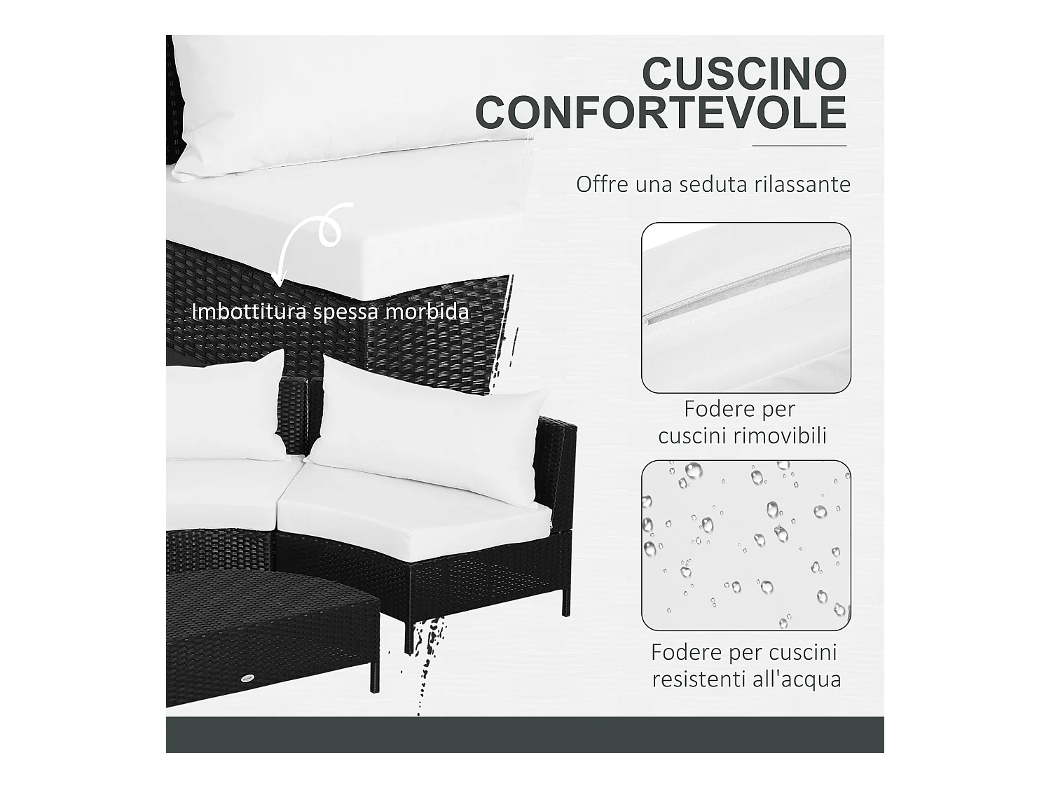 Mobili da esterno 5 pezzi con pouf salottino in rattan nero e bianco