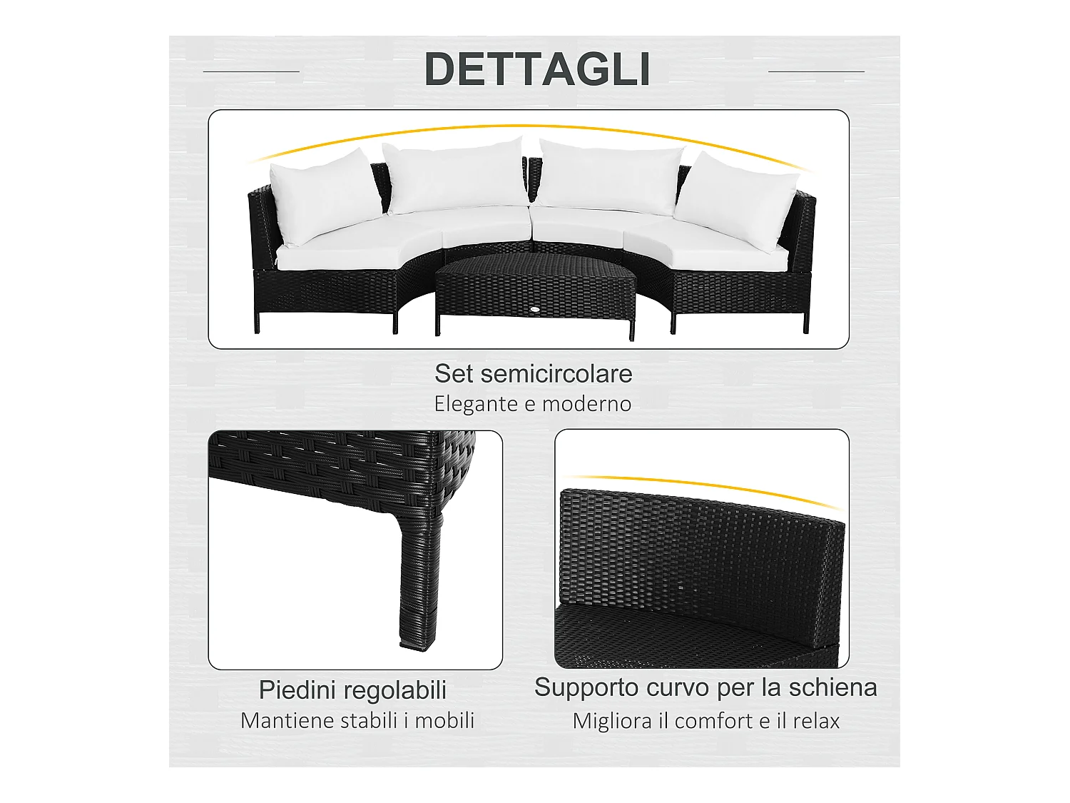 Mobili da esterno 5 pezzi con pouf salottino in rattan nero e bianco