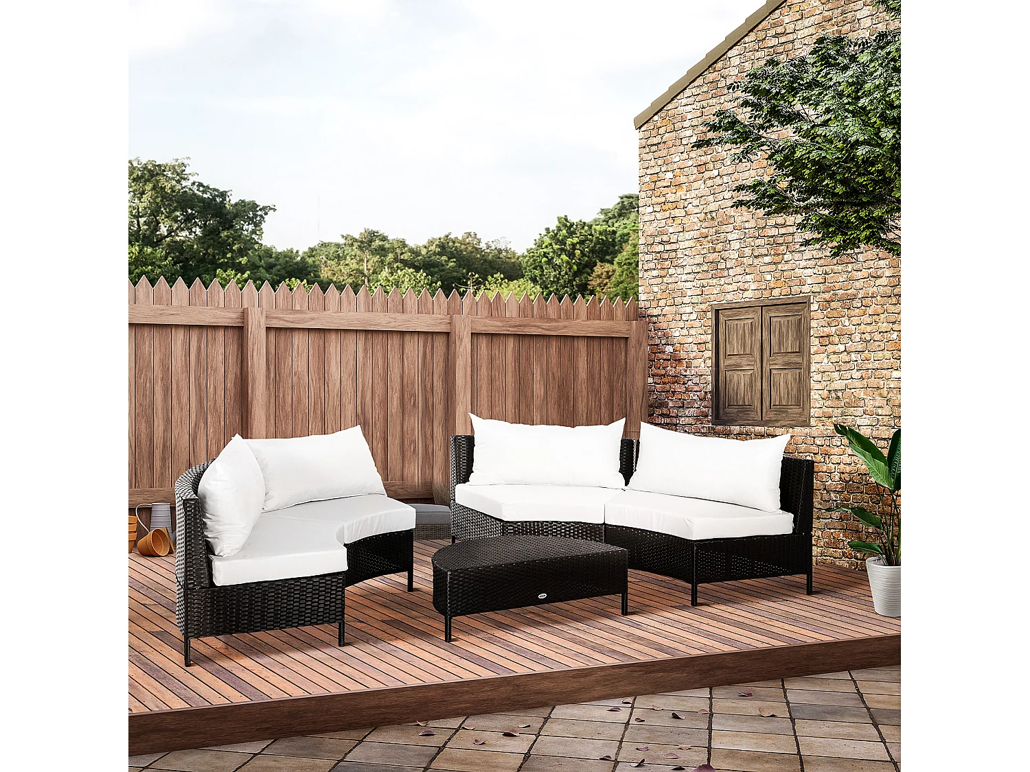 Mobili da esterno 5 pezzi con pouf salottino in rattan nero e bianco