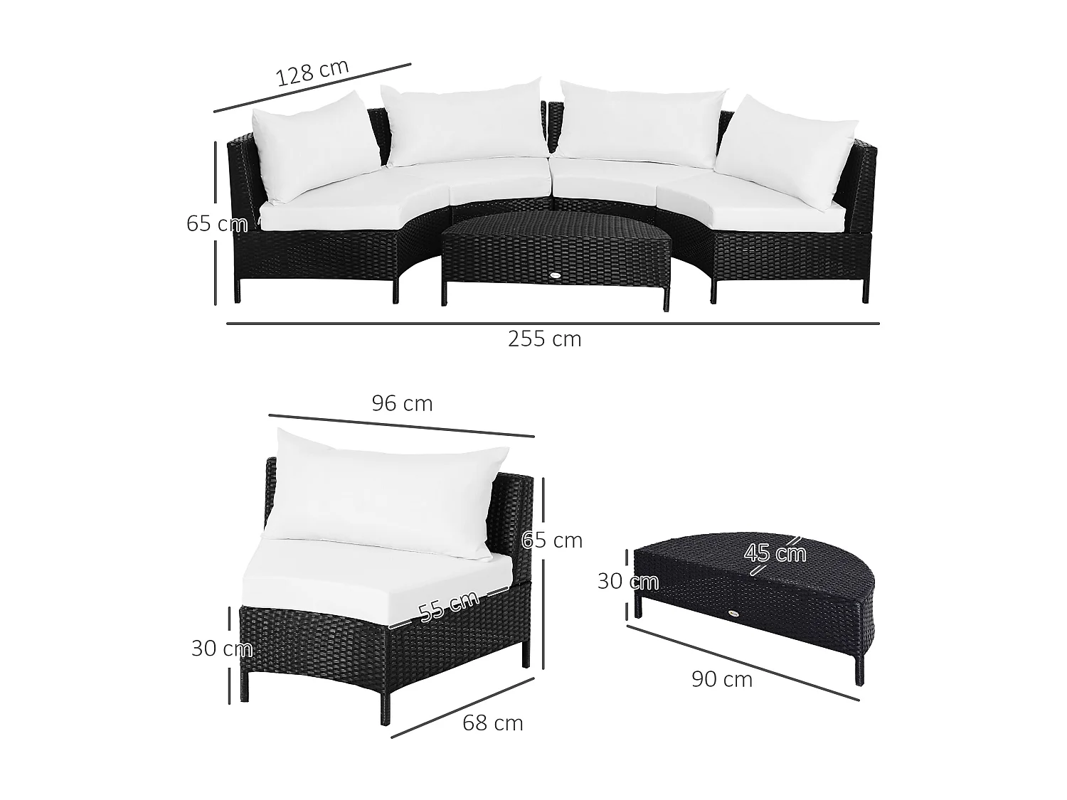 Mobili da esterno 5 pezzi con pouf salottino in rattan nero e bianco