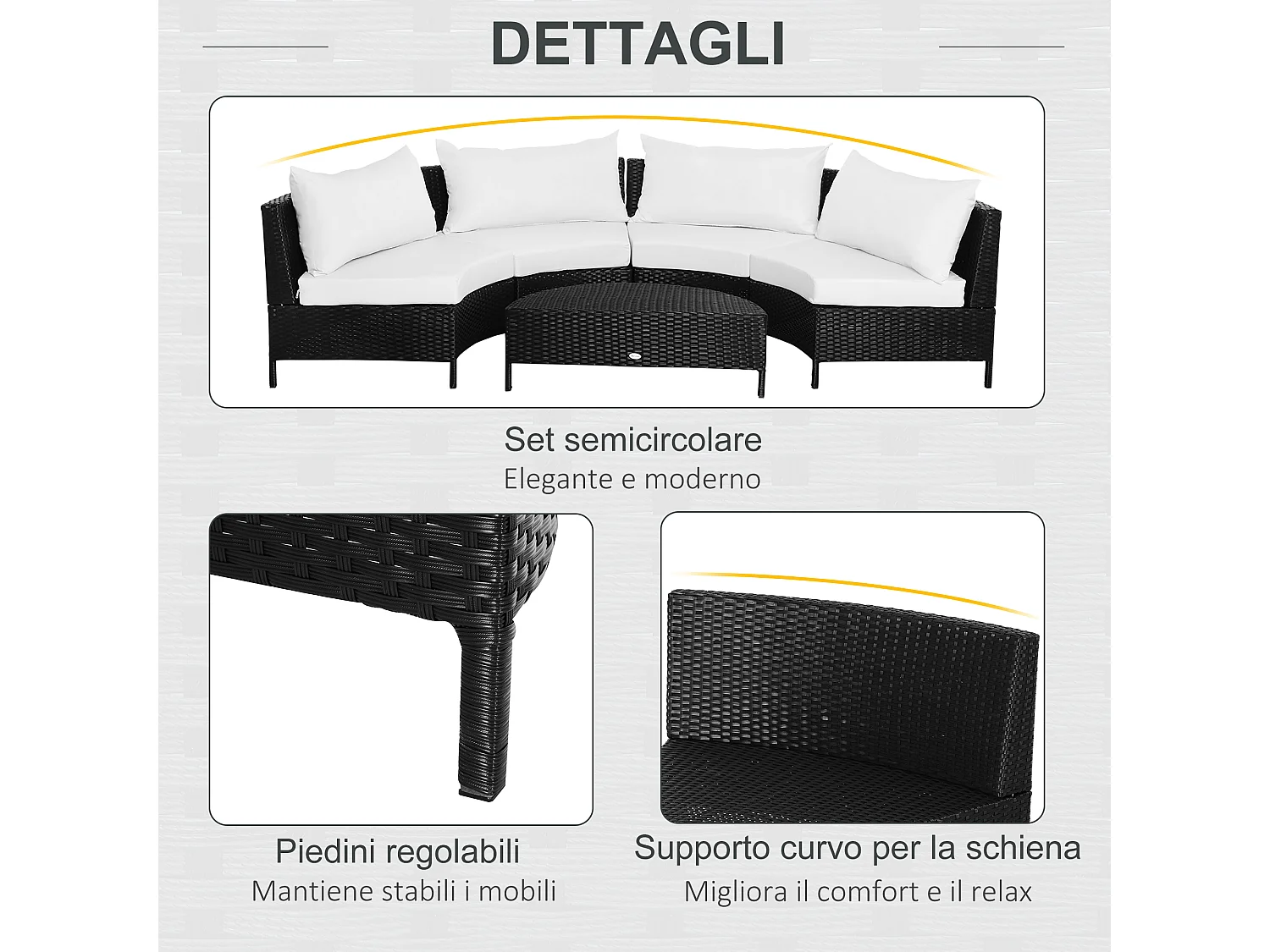 Mobili da esterno 5 pezzi con pouf salottino in rattan nero e bianco