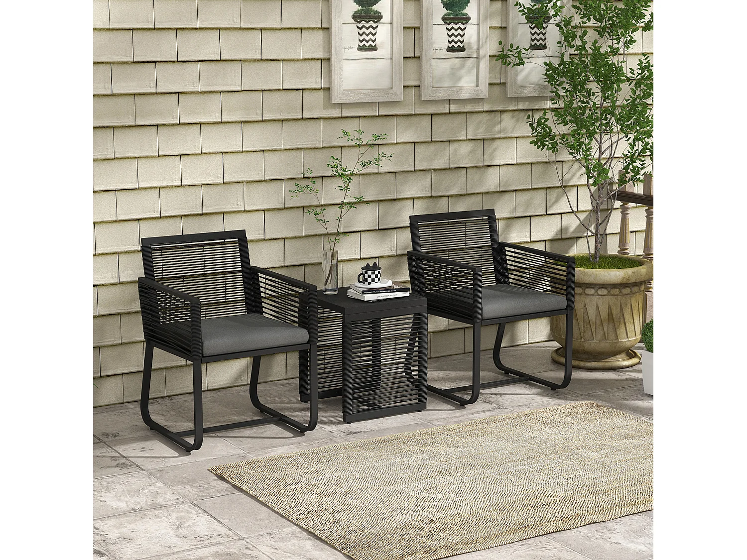 Set da giardino con 2 poltroncine e tavolino in vetro e rattan nero