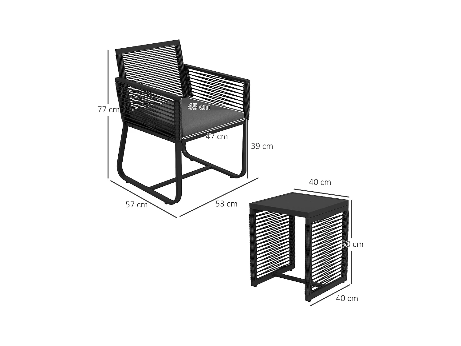 Set da giardino con 2 poltroncine e tavolino in vetro e rattan nero