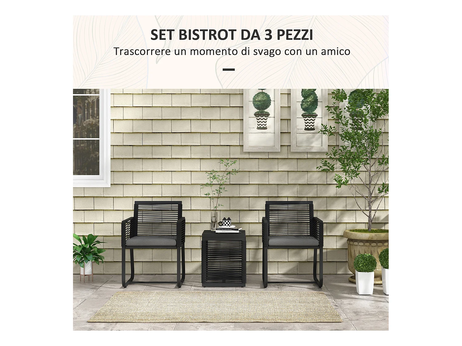 Set da giardino con 2 poltroncine e tavolino in vetro e rattan nero