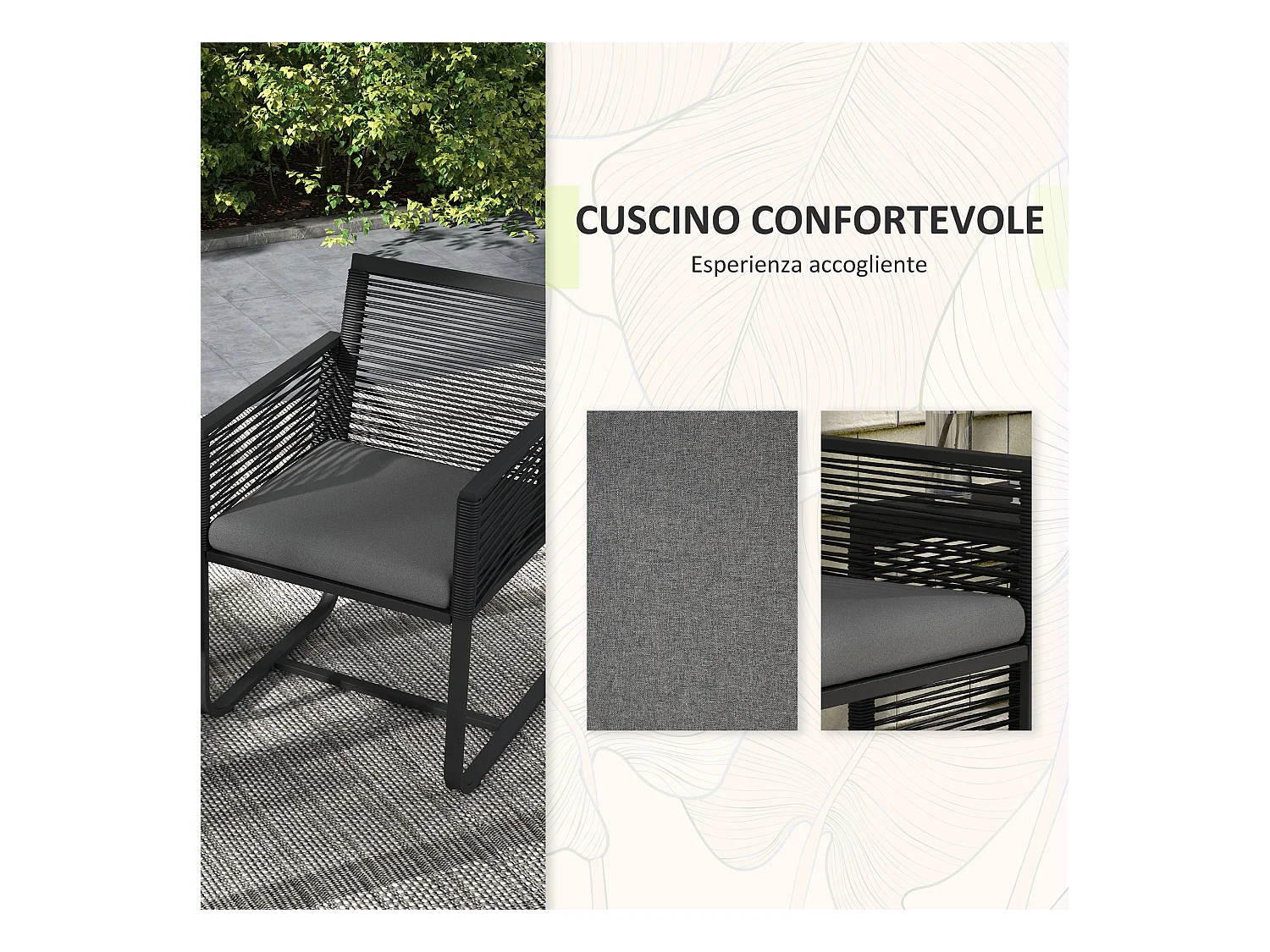 Set da giardino con 2 poltroncine e tavolino in vetro e rattan nero