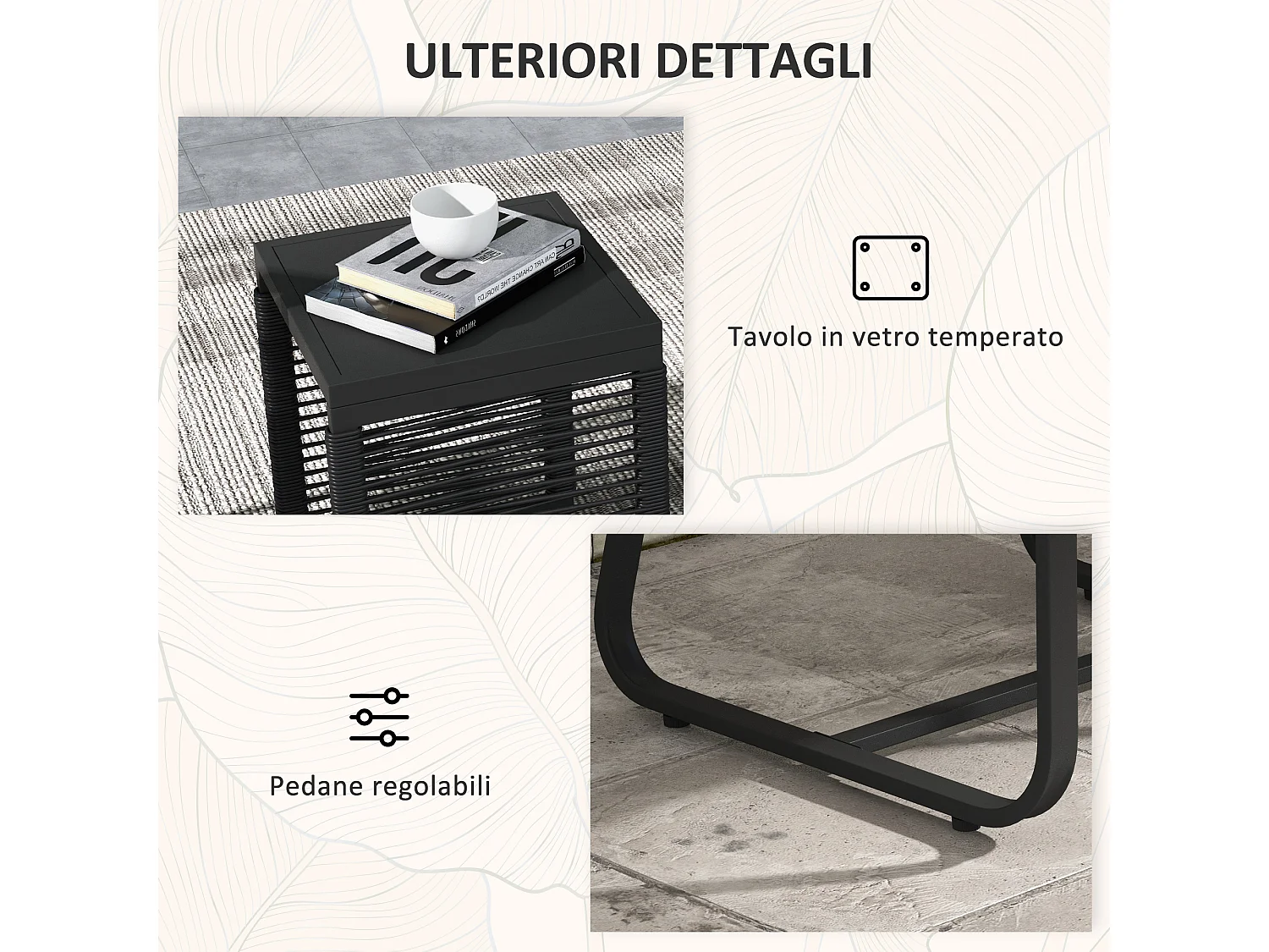 Set da giardino con 2 poltroncine e tavolino in vetro e rattan nero