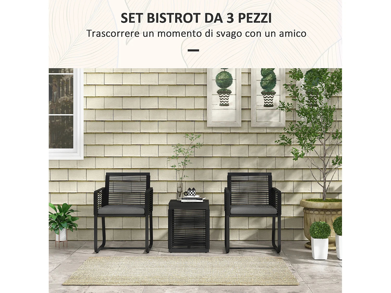 Set da giardino con 2 poltroncine e tavolino in vetro e rattan nero