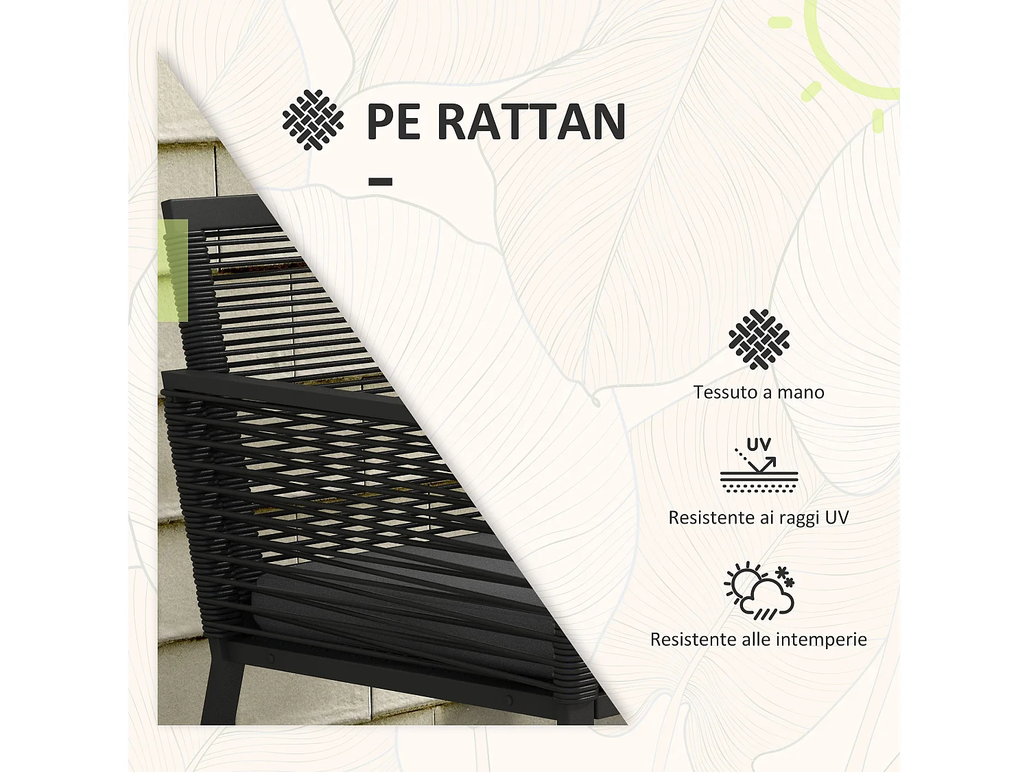 Set da giardino con 2 poltroncine e tavolino in vetro e rattan nero