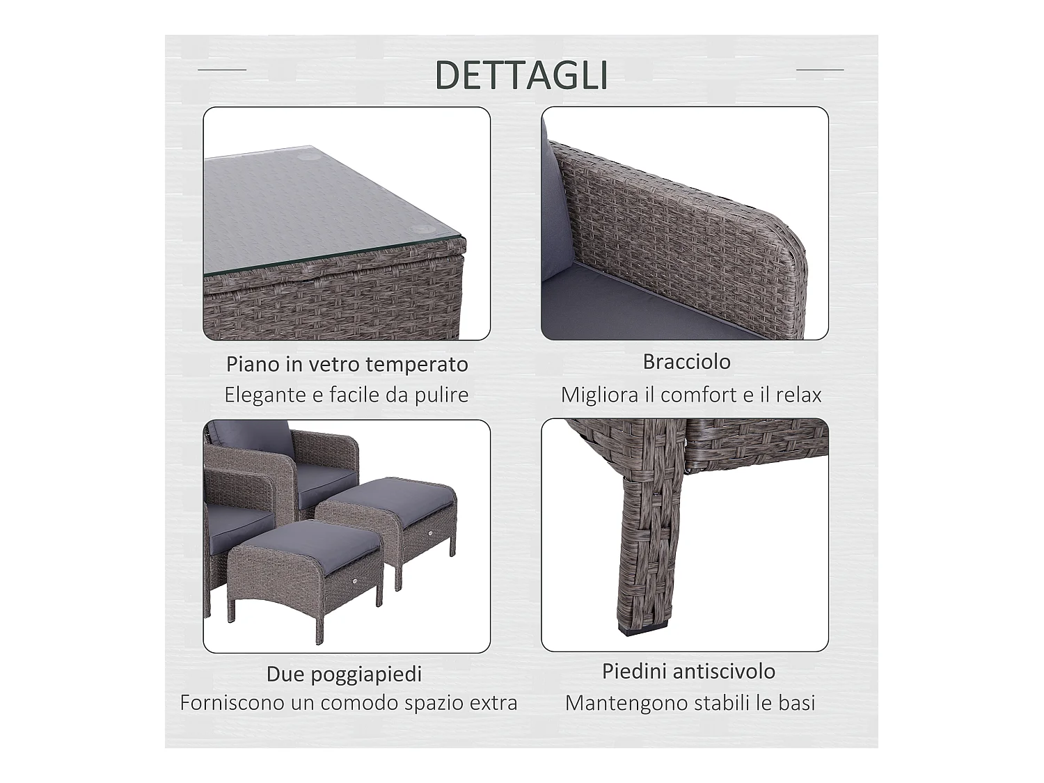 Set mobili da giardino e esterno 5 pezzi in pe rattan grigio