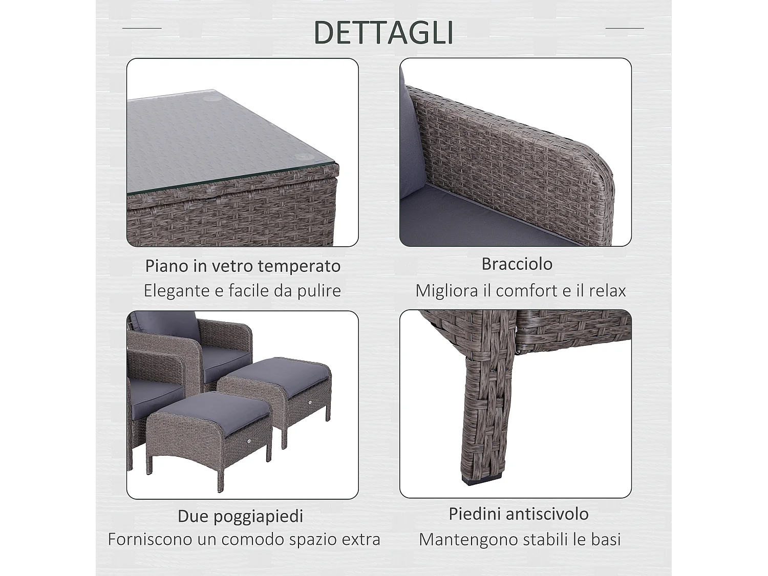 Set mobili da giardino e esterno 5 pezzi in pe rattan grigio