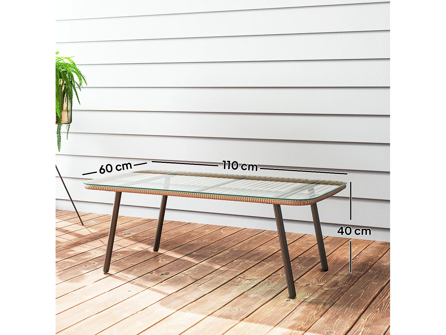 Tavolino da giardino in rattan pe e vetro colore legno naturale