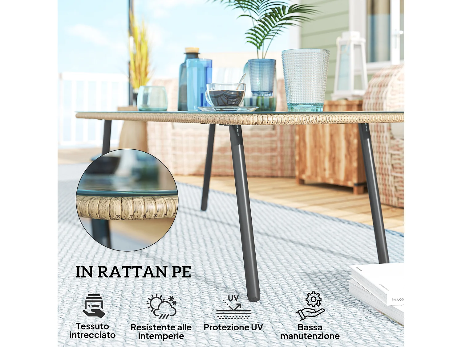 Tavolino da giardino in rattan pe e vetro colore legno naturale