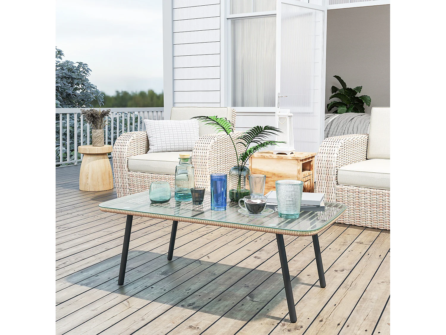 Tavolino da giardino in rattan pe e vetro colore legno naturale