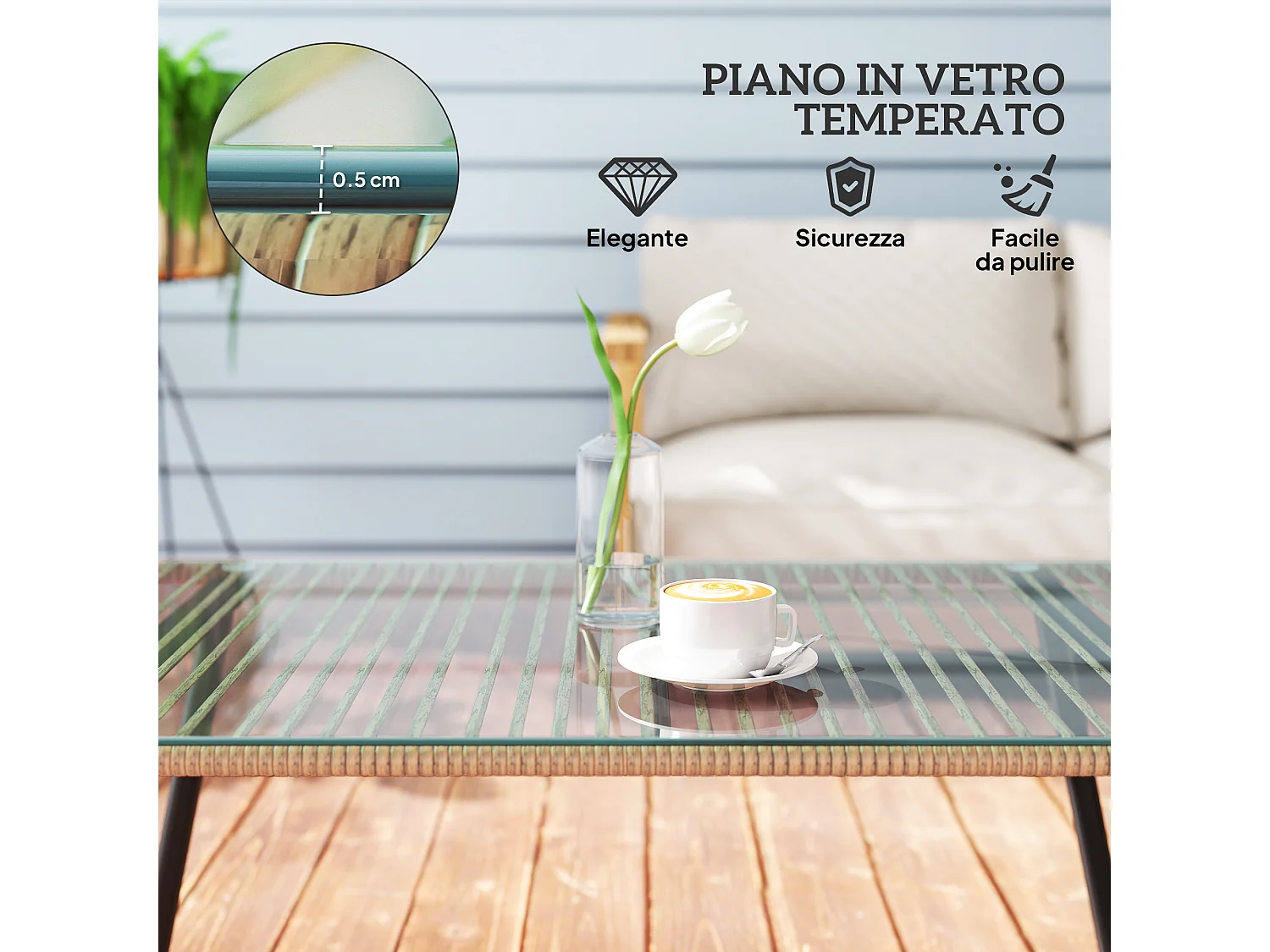 Tavolino da giardino in rattan pe e vetro colore legno naturale