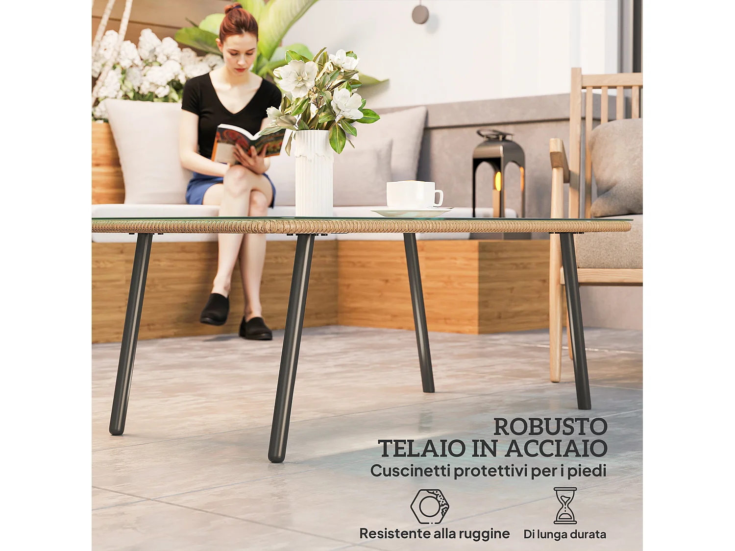 Tavolino da giardino in rattan pe e vetro colore legno naturale