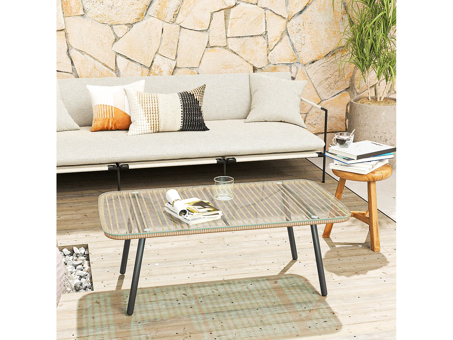 Tavolino da giardino in rattan pe e vetro colore legno naturale