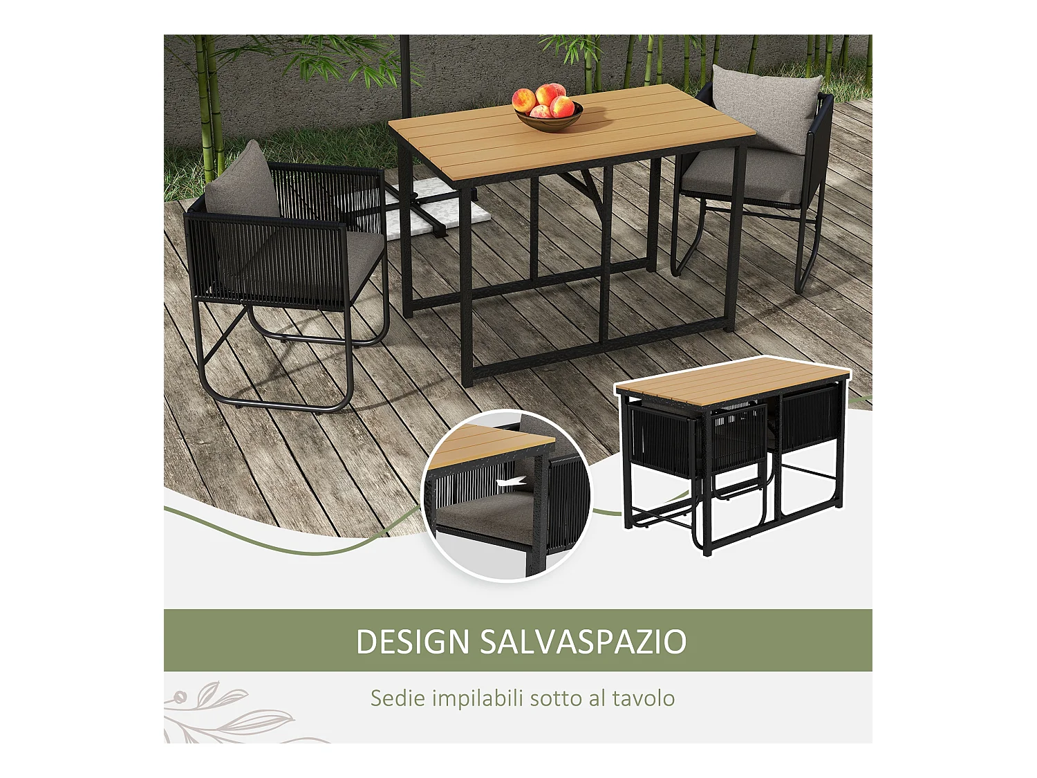 Set da giardino 3 pezzi con 2 sedie e tavolo in legno composito