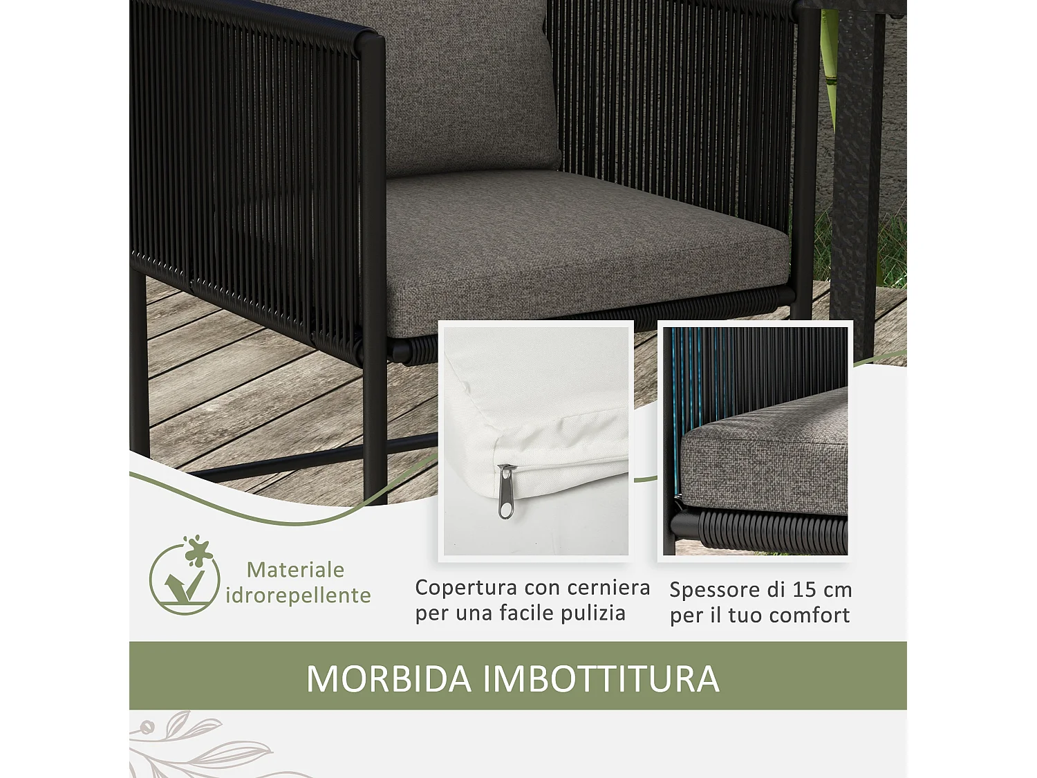 Set da giardino 3 pezzi con 2 sedie e tavolo in legno composito