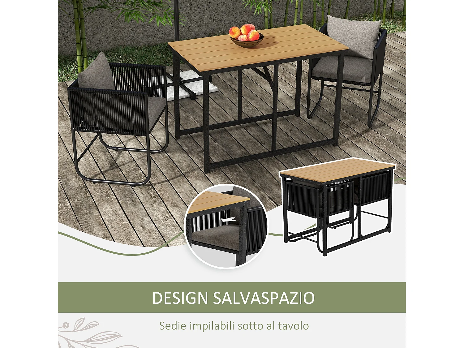 Set da giardino 3 pezzi con 2 sedie e tavolo in legno composito