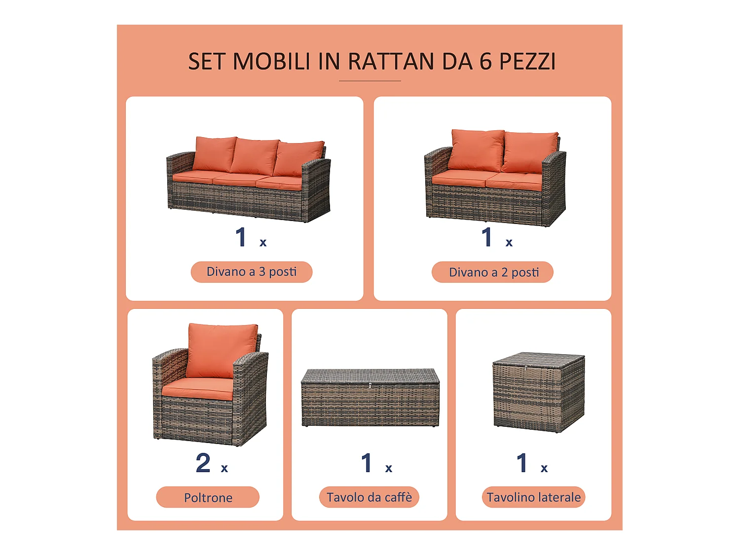 Mobili da giardino 6 pezzi in rattan divani poltrone tavolini