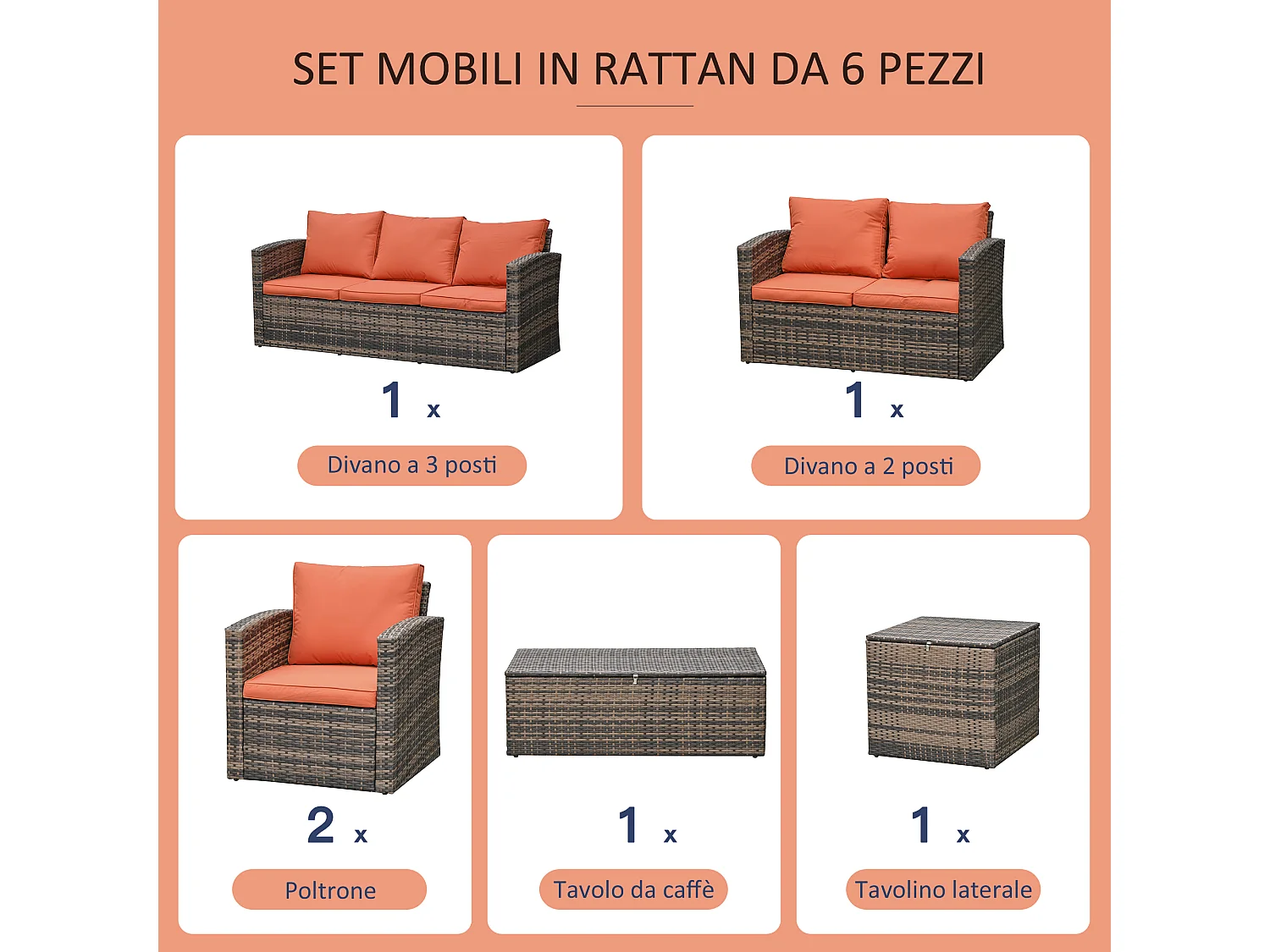 Mobili da giardino 6 pezzi in rattan divani poltrone tavolini
