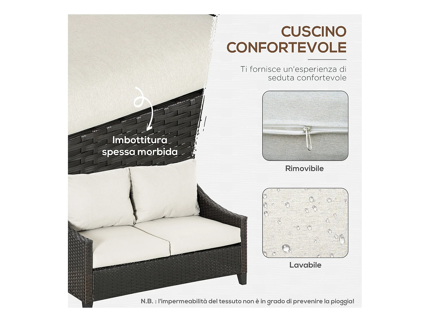 Divano 2 posti da giardino in rattan con cuscini sfoderabili