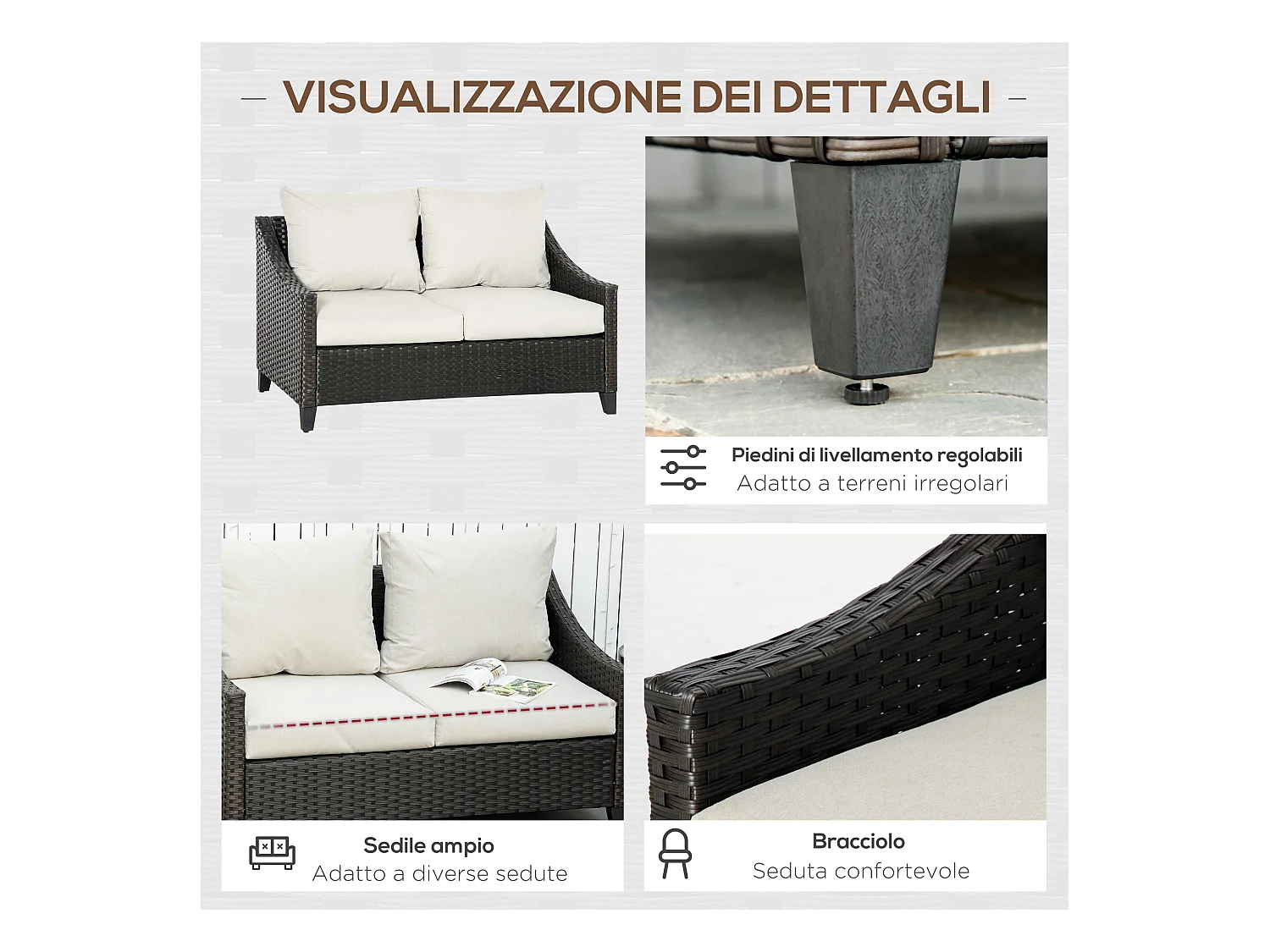 Divano 2 posti da giardino in rattan con cuscini sfoderabili