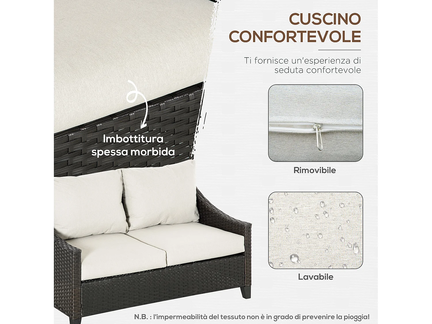 Divano 2 posti da giardino in rattan con cuscini sfoderabili