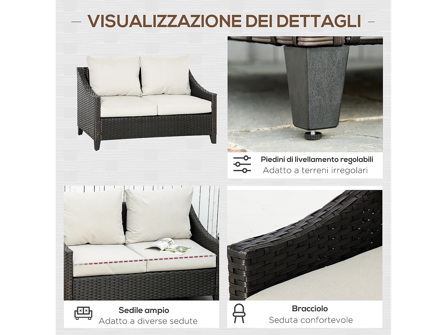 Divano 2 posti da giardino in rattan con cuscini sfoderabili