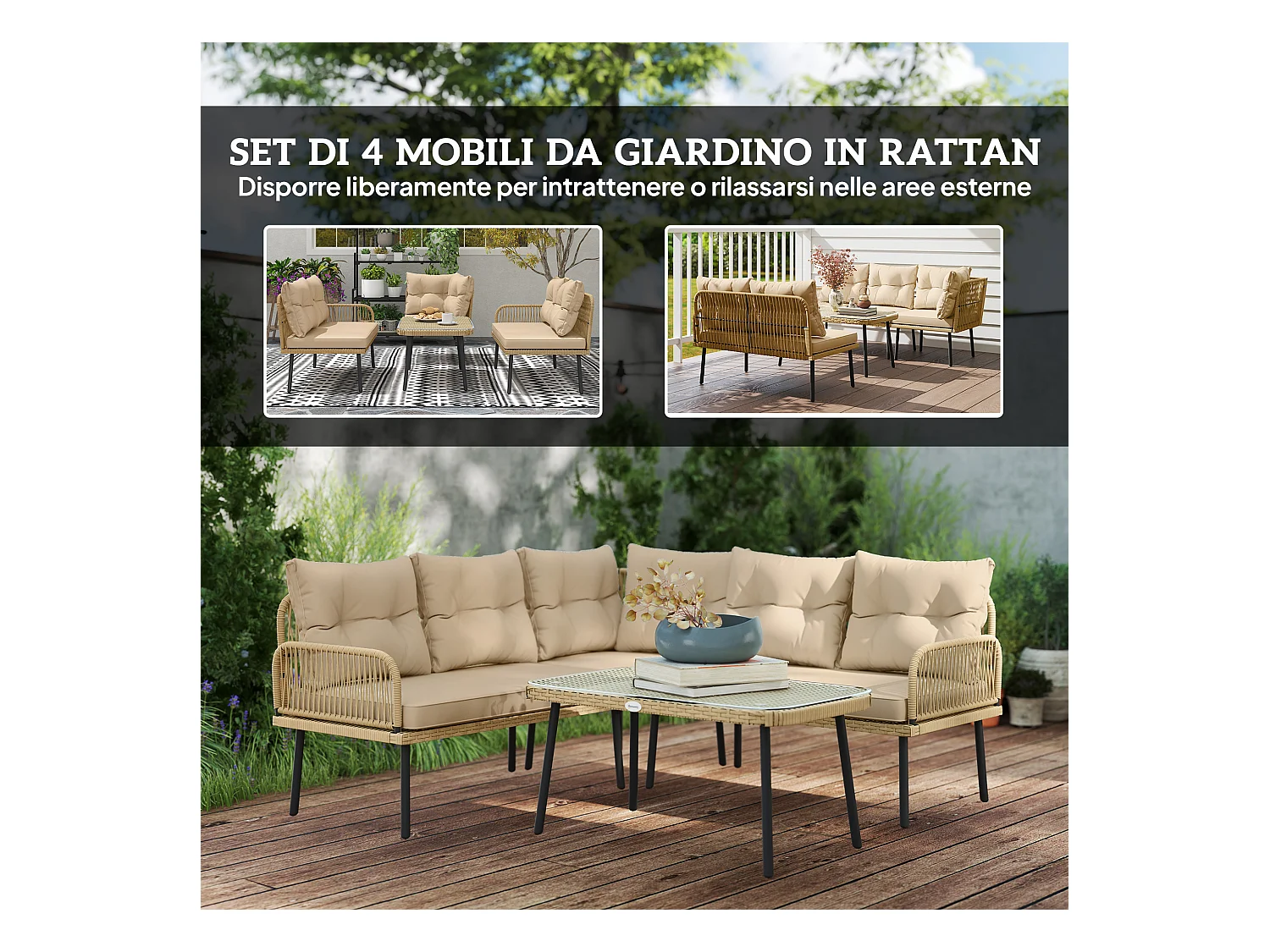 Salotto da giardino con 2 divani poltrona angolare e tavolino