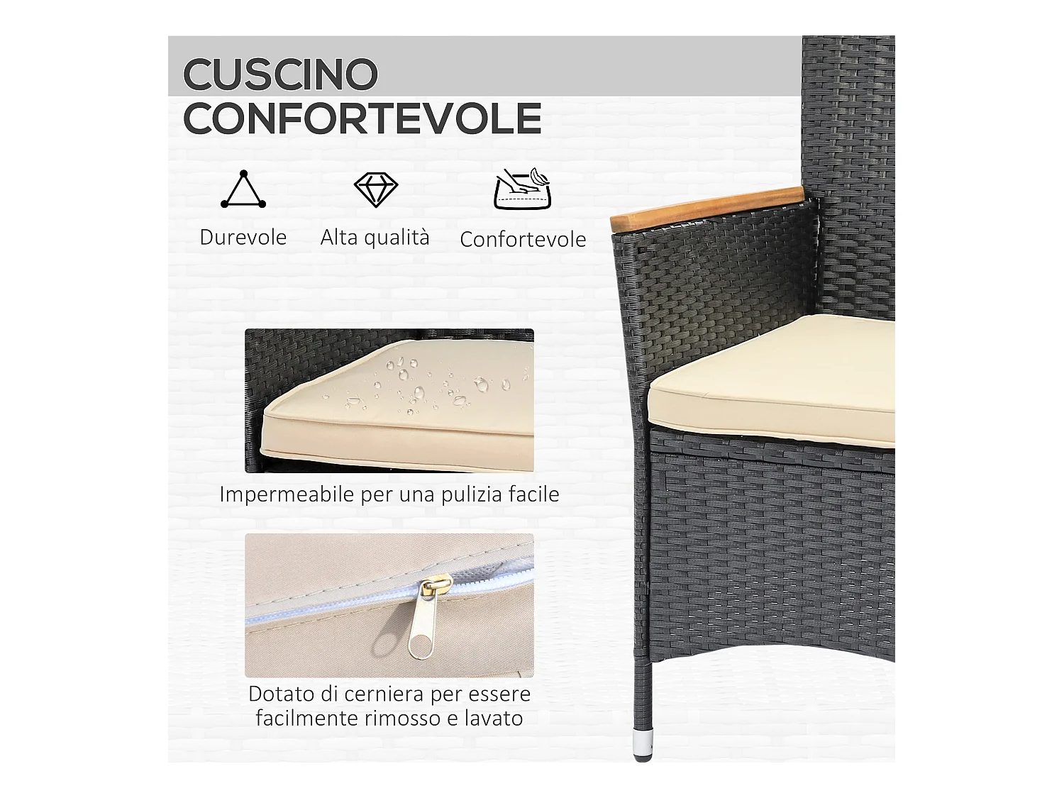Set tavolo e sedie da giardino in rattan e legno 7 pezzi nero
