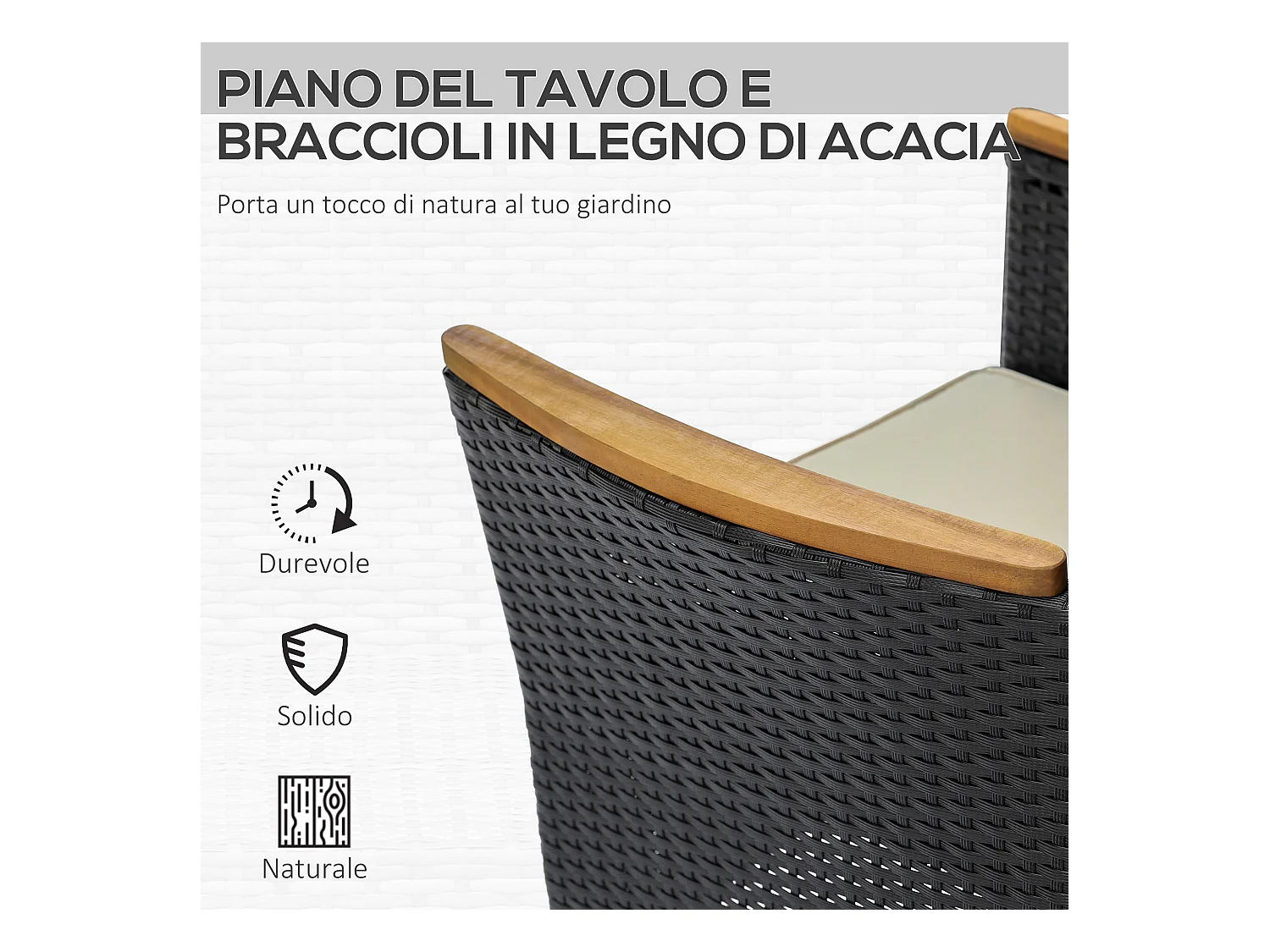 Set tavolo e sedie da giardino in rattan e legno 7 pezzi nero