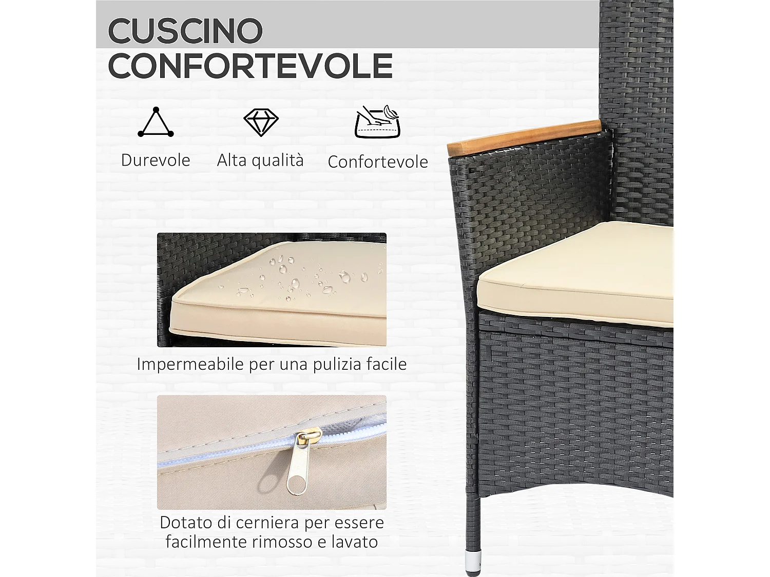 Set tavolo e sedie da giardino in rattan e legno 7 pezzi nero